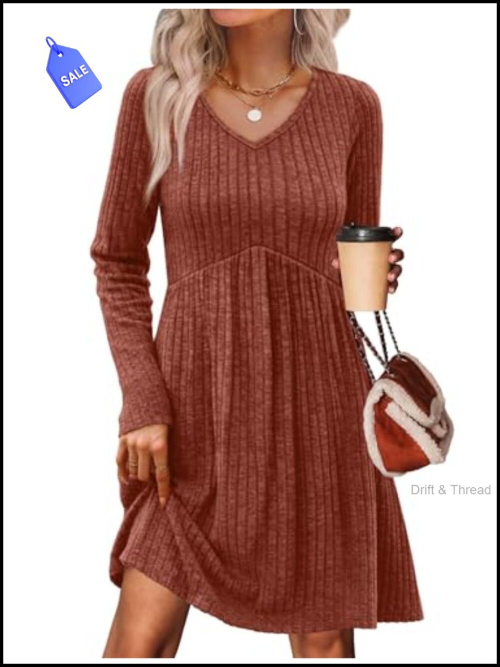 Long Sleeve Sweater Dress V Neck Empire Waist Babydoll Casual with Pockets